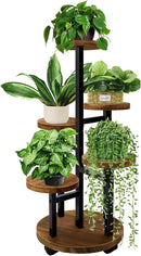 GEEBOBO 5 Tier Plant Stand With 4 Wheels, Metal Wood Tall Plant Stands For Indoor Plants Multiple, Corner Tiered Flower Plants Shelf Stand for Living Room Bedroom, Brown by GreenHaven Gardens