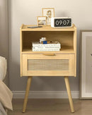 Rattan Nightstand,Modern Bedside Table with Storage Drawer and Open Wood Shelf, for Living Room, Bedroom and Small Spaces, Accent Night Stand with Solid Wood Legs, Easy Assembly,(Oak) by CozyNest Decor