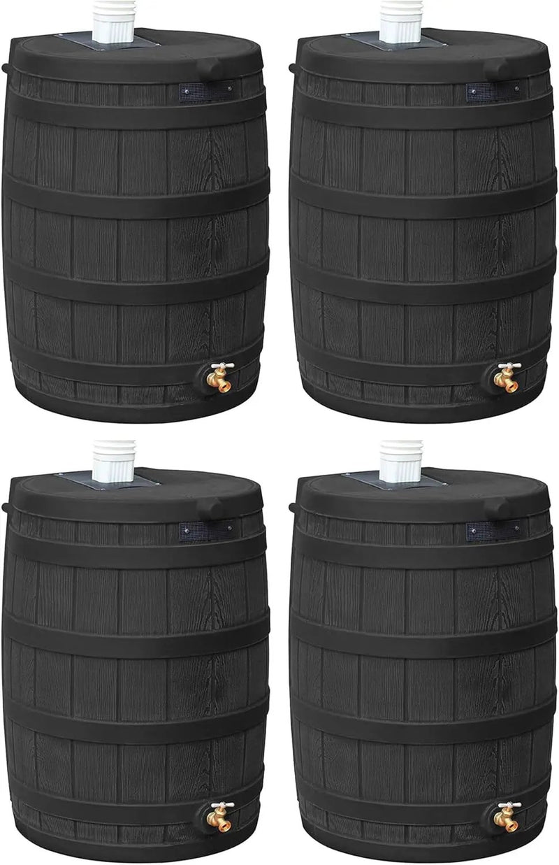Good Ideas Rain Wizard 50 Gallon Plastic Outdoor Home Rain Barrel Water Storage Collector with Brass Spigot and Flat Back Design, Black (4 Pack)