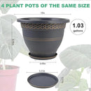 10 Inch 4 Pack Large Plant Pots, Plastic Flower Pot for Indoor & Outdoor with Drainage Holes & Saucer, Plaid Pattern Planters Garden Pots for Herbs by CozyNest Decor