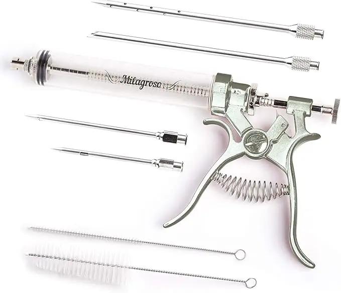 Meat Injector Syringe Stainless Steel Outdoor Meat Kit Marinade Flavor Food Injector Syringes with 4 Marinades Needles Grill Smoker Injectors Professional Syringe Held Culinary Barbecue Tool For BBG