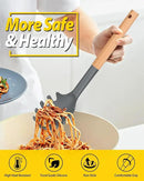Silicone Pasta Fork and Ladle Spoon Set with Wooden Handle, Heat Resistant Non Stick Kitchen Utensils for Cooking, Stirring, Serving Spaghetti, Soup, Sauce(GRAY) by CozyNest Decor