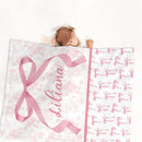 Personalized Baby Girl Crib Bedding Set – Custom Name Pink Bow 3-Piece Nursery Set with Soft Flannel Blanket, Fitted Sheet & Pillowcase – Infant & Toddler Bedding Gift by TinyTreasures Baby Boutique