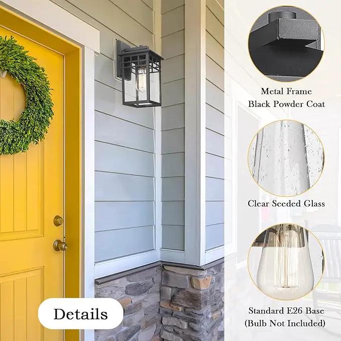 Outdoor Light Fixture Wall Mount, Modern Exterior Lights Fixture Wall Sconces with Seeded Glass for Front Porch, Farmhouse Waterproof Black Carriage Lantern Lamp Outside for Home, Garage, 2 Pack, photo 2 of 9