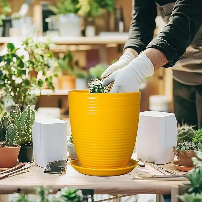 Ceramic Plant Pot - 8 Inch Planter Pot with Drainage Hole and Saucer Round Planter for Indoor Outdoor Plants Flower Pot for Home Patio Garden Office Yellow, photo 4 of 7
