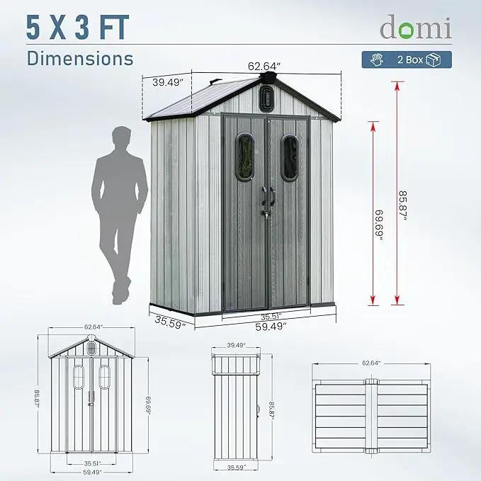 Domi 5x3 FT Outdoor Resin Storage Shed, All-Weather Double-Wall Storage Building for Backyard, Garden, Lawn Tools, Mower, Bike & Pool Equipment, Lockable Doors, Ventilated Roof, Grey, photo 3 of 9