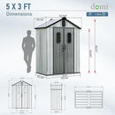 Domi 5x3 FT Outdoor Resin Storage Shed, All-Weather Double-Wall Storage Building for Backyard, Garden, Lawn Tools, Mower, Bike & Pool Equipment, Lockable Doors, Ventilated Roof, Grey