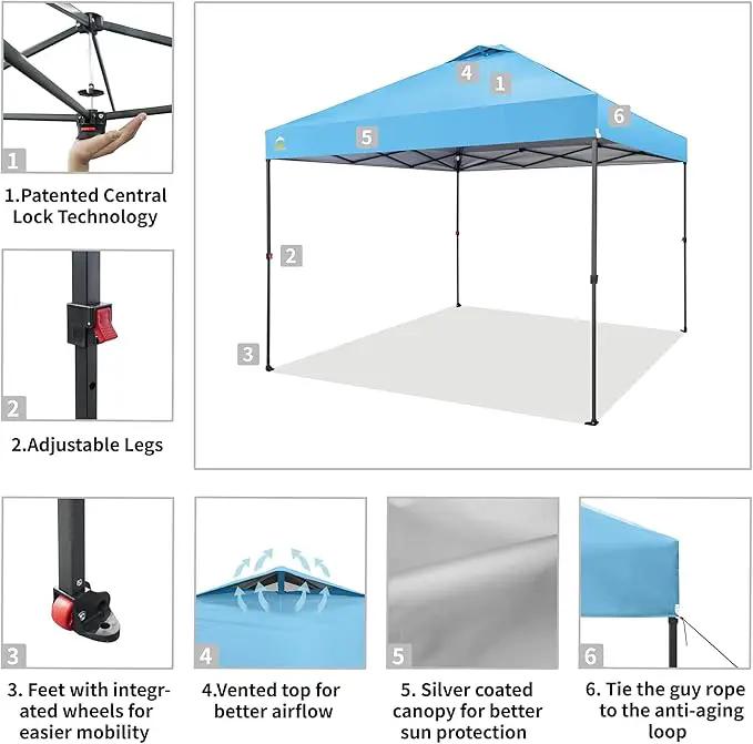 CROWN SHADES Adjustable Height on The Fly, 10x10 Pop Up Canopy - Beach Tent with One Push Setup - Easy Outdoor Sun Shade for Events, Parties, Camping - Outside Shade with STO-N-Go Bag, Sky Blue, photo 3 of 6