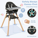 BABY JOY Baby High Chair, 6 in 1 Convertible Wooden High Chair for Babies & Toddlers with Adjustable Legs, Double Removable Tray, Safety Harness & Waterproof PU Cushion (Black) by TinyTreasures Baby Boutique