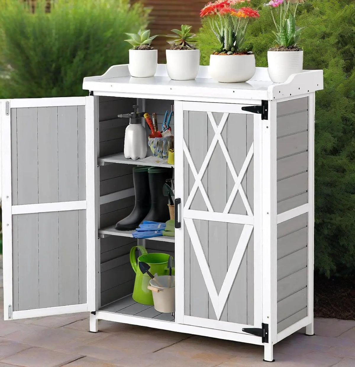 Outdoor Cabinet with Metal Tabletop Garden Potting Bench Table - Outdoor Garden Patio Wooden Storage Cabinet with Adjustable Shelf, Wooden Storage Cabinets, Weatherproof for Garden Patio Lawn, photo 3 of 6