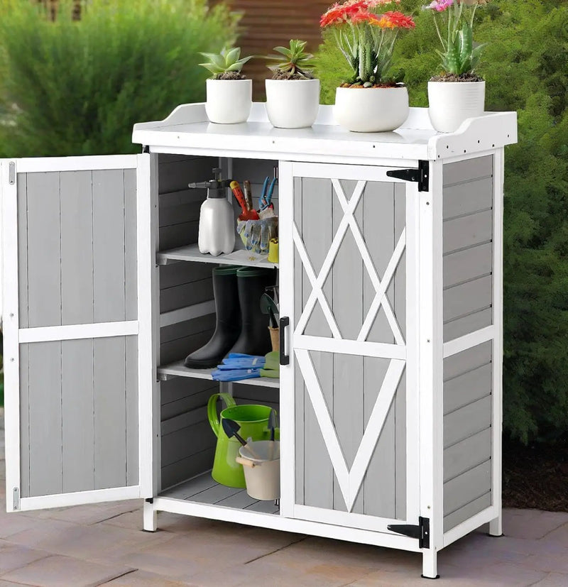 Outdoor Cabinet with Metal Tabletop Garden Potting Bench Table - Outdoor Garden Patio Wooden Storage Cabinet with Adjustable Shelf, Wooden Storage Cabinets, Weatherproof for Garden Patio Lawn, photo 3 of 6
