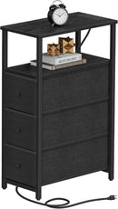 TUTOTAK Narrow Night Stand with Charging Station, Slim End Table with Plugins, Tall Side Table with 3 Fabric Drawer, Small Bedside Table with Storage, Living Room, Bedroom, Black TB01BK086 by CozyNest Decor