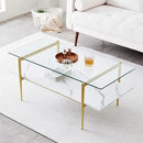 Rectangle Coffee Table for Living Room, Mid-Century Modern Design, L41 x W21 x H17, 2-Tier Structure, Clear Glass Top and White Marble Finish Wood Shelf, Conical Legs with Gold Finish by CozyNest Decor
