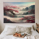 Japanese Tapestry, Red Plum Cherry Blossom Mountain Tapestry, Asian Japanese Wall Tapestry, Nature Landscape Tapestries for Bedroom Living Room Decor 90"x60" by CozyNest Decor