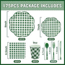 175 Pcs Green Gingham Plates and Napkins Party Supplies - Green and White Checkered Plates Sets Serve 25 Guests - Scalloped Gingham Paper Plate for Birthday Picnic BBQ Golf Party Decorations
