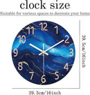 Glass Blue Wall Clocks Battery Operated 16 Inch Marble Pattern Big Clock for Office Abstract Silent Wall Clock Non Ticking by CozyNest Decor
