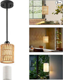 Pendant Light Boho Hanging Lamp, Rattan Hanging Lights with 2 in 1 Linen & Woven Shade, Ceiling Light Fixtures for Kitchen Island, Dining Room, Farmhouse, Bedroom (1 Pack) by CozyNest Decor