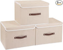 Yawinhe Collapsible Storage Boxes, Linen Fabric Baskets, Bin with lid and Leather Handle, Washable, for Home, Closet, Beige, 15.0''Lx9.8''Wx9.8''H, 3-Pack, USNK024BEL-3 by TinyTreasures Baby Boutique