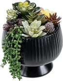 MyGift 8 Inch Modern Green Artificial Succulent Arrangement Potted in Matte Black Fluted Ceramic Round Planter, Decorative Plant Pot with Assorted Faux Mini Succulents by CozyNest Decor