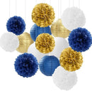 Navy-Blue Gold Party-Decorations Paper-Flowers Lanterns - 15PCS Royal White Baby Bridal Shower Tissue Pom Poms Streamers, Bachelorette Birthday Wedding Graduation Hanging Supplies Decor Hugfond by CozyNest Decor