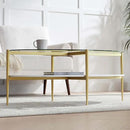 Oval Glass Coffee Table, Mid-Century Modern Design, L43 x W22 x H17 inch, Surfboard Shaped Clear Glass Top and White Marble Finish Wood Shelf, Tapered Legs with Gold Finish Frame by CozyNest Decor