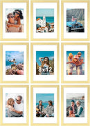 Vittanly 8x12 Picture Frames Set of 9, Shatter Resistant Plexiglass, Display 6x8 Pictures with Mat or 8x12 without Mat, Photo Frames for Wall or Tabletop, Engineered Wood, Gold by CozyNest Decor