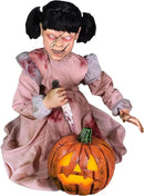 Haunted Hill Farm Lunging Pumpkin Carver Zombie Girl by Tekky, Motion-Activated Talking Halloween Animatronic for Indoor or Covered Outdoor Creepy Halloween Decorations, Plug-in or Battery Operated by CozyNest Decor