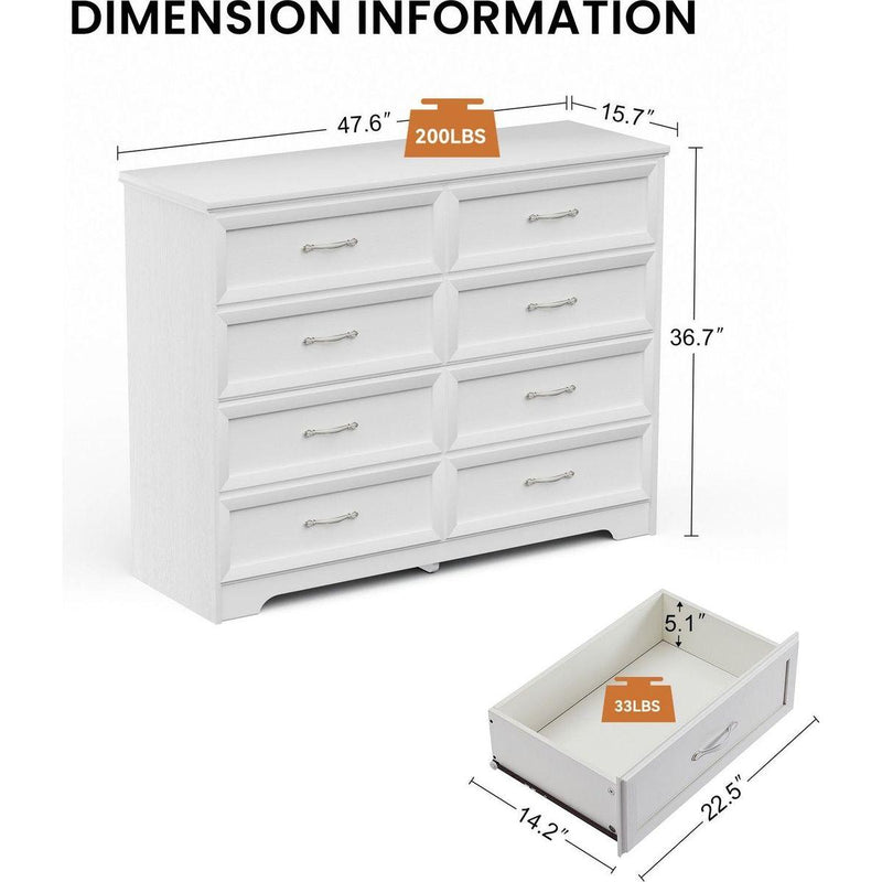 Modern 3 Drawer Bedroom Chest of Drawers with 8 Drawers Dresser, Clothes Organizer -Metal Pulls for Living Room, Bedroom, Hallway, White, 47.6" x 15.7" x 36.7"