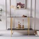 Glass Console Table for Living Room, Foyer & Entrance, 2-Tiers Mid-Century Modern Sofa Table with Grey Glass Top, Black Marble Finish Wood Shelf and Gold Finish Frame by CozyNest Decor