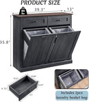 Double Tilt Out Laundry Hamper Cabinet, 20 Gallon Farmhouse Trash Can Cabinet with Drawer, Hidden Wood Garbage Can Bin Cabinet with Laundry Storage Basket for Bathroom, Kitchen, Dark Grey by CozyNest Decor