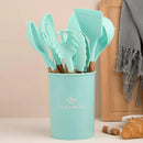 Silicone Cooking Utensils Set, Premium Beech Wood Handle Kitchen Gadgets Utensil Set, Non-Stick Kitchen Utensils Spatula, Tongs, Turner, Whisk, Brush, Spoon, BPA FREE, 446°F Resistant (Mint) by CozyNest Decor