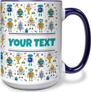 Personalized Mug for Kids - Robots - Custom Name/Text, Ceramic Hot Chocolate/Cocoa/Coffee Cup for Boys, Birthday/Christmas/Holiday Gift - 15 oz, Navy Blue Handle by TinyTreasures Baby Boutique