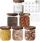 16 OZ Stackable Glass Food Storage Jars with 132 Pantry Labels Preprinted - 6 Pcs Thicken Glass Storage Containers with Airtight Acacia Lid - Clear Kitchen Canister for Spice, Tea, Coffee, Sugar by CozyNest Decor