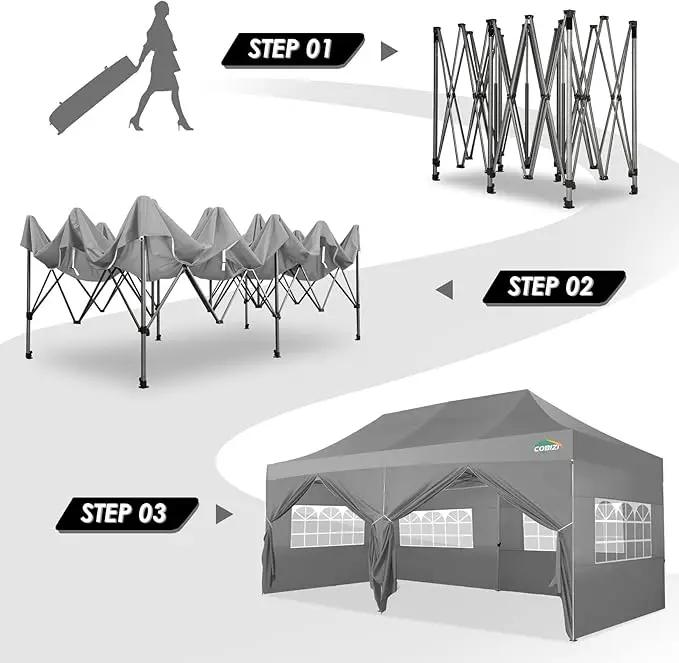 COBIZI 10x20 Canopy with Sidewalls, Heavy Duty Party Tent Pop up carpas para Fiestas, Tents for Parties, Wedding, Outdoor Ez up Foldable Portable Canopy Tent with Wheeled Bag, Grey(Windproof Upgrade), photo 3 of 7