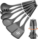 Kitchen Cooking Utensils Set, Non-Stick Spatula Set with Rotating Stand, 6 PCS Silicone Utensils Set for Cooking, 400°F Heat Resistant, Kitchen Gadgets with Nylon Handle & Stable Holder, Dark Grey by CozyNest Decor