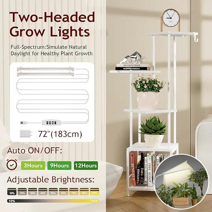 Plant Stand Indoor with Grow Light, 5-Tiered Tall Plant Stand Indoor, Metal Plant Shelf with Hanging Basket Hook and Adjustable Light, Ideal for Living Room, Garden, Patio white, photo 3 of 8