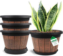 Quarut Large 4 Pack 14 inch Plant Pots,Whiskey Barrel Planters with Drainage Holes & Saucer,Plastic Decoration Flower Pots Retro Design,Planters for Outdoor Indoor Garden Balcony Plants (Brown) by GreenHaven Gardens