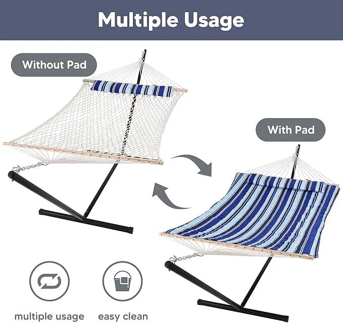SUNCREAT Double Hammock with Stand, Two Person Cotton Rope Hammock, Blue Stripe, photo 3 of 7
