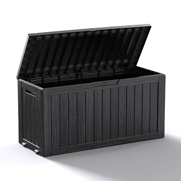 DRATO 75 Gallon Deck Box, Waterproof Resin Large Outdoor Storgae Box for Patio Furniture, Patio Cushions, Gardening Tools, Pool and Sports Supplies, Lockable