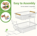 2 Tier Fruit Basket for Kitchen Counter with 2 Banana Hangers, Countertop Metal Fruit Bowl with Wooden Handle, Large Storage Stand for Vegetables, Snacks, Breads, Produce Storage – White by CozyNest Decor