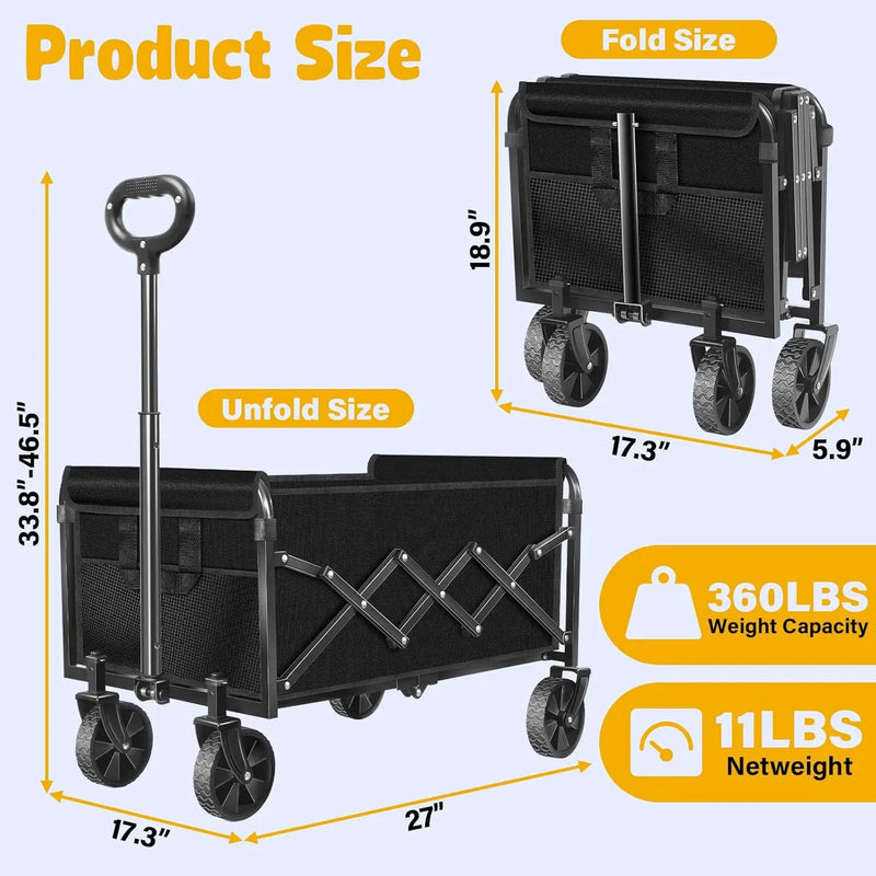 Wagon Cart Foldable, 360Lbs Collapsible Wagon Cart with Wheels Portable, Outdoor Utility Carts for Groceries, Camping, Sports, Garden, Shopping, Black, photo 2 of 6