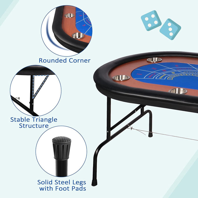 Foldable Poker Table w/Stainless Steel Cup Holder Casino Leisure Table Blue Felt Surface