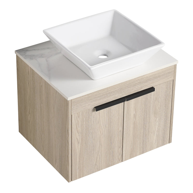24" Modern Design Float Bathroom Vanity With Ceramic Basin Set, Wall Mounted White Oak Vanity With Soft Close Door, KD-PackingD-Packing Pieces