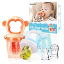 Baby Fresh Fruit Feeder Pacifier, 2 Pack HAOBAOBEI Baby Teether for Chewing, Freezable Infant Teething Toy, Teething Relief, Food Feeder with 4 Silicone Pouch, BPA Free - Monkey (Orange & Blue) by TinyTreasures Baby Boutique