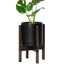 D'vine Dev Ceramic Planter with Walnut Color Stand - 8 Inch Modern Round Flower Pot with Wood Planter Holder, Black, 55-B-Y-2 by CozyNest Decor