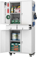Metal Garage Storage Cabinet with Locking Doors and 2 Adjustable Shelves, Rolling Tool Storage Cabinet with 4 Wheels and 2 Drawer for Garage, Warehouse, White and Gray, Assembly Required by GreenHaven Gardens