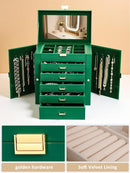 BOOVO Jewelry Box For women, 6 Layer Large Jewelry Organizer With Mirror, Multi-Function Storage Box With Lock, Necklace Holder With 5 Drawers, For Earrings Necklace Bracelet (Green and Gold) by TinyTreasures Baby Boutique