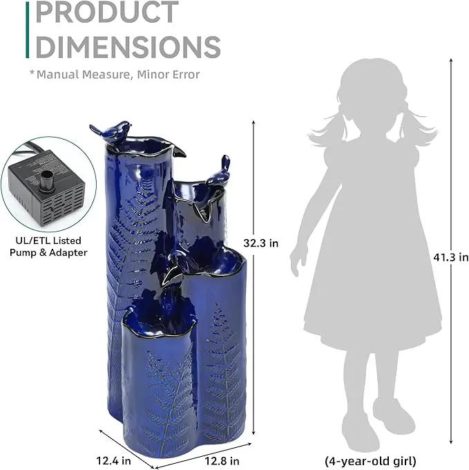 32" H Ceramic Outdoor Water Fountain with LED Lights, 4-Tier Vase Outdoor Fountain, Cobalt Blue Glaze, Embossed Fern Pattern, Cascading Waterfall for Tranquil Garden, Patio, or Porch, photo 7 of 7