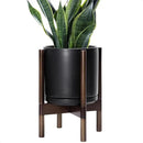 D'vine Dev Ceramic Planter with Walnut Color Stand - 10 Inch Modern Round Flower Pot with Wood Planter Holder, Black, 55-B-X-2 by CozyNest Decor