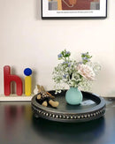 12 Inches Rustic Wooden Decorative Tray, Small Round Beaded Wood Tray for Kitchen Dinning Table Centerpiece Decor Entryway Living Room Home Decor, Black by CozyNest Decor